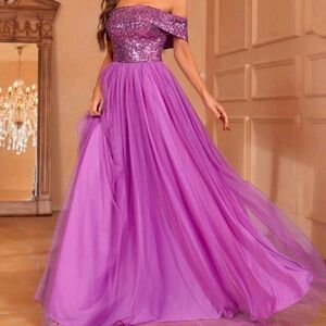 Purple,  Off Shoulder,  Sleeveless,  A Line, Sequined Gown